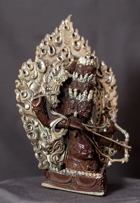 Tibetan Buddhism Wrathful Deity Rahula Sravaka Silver oxide Copper Statue Sculpture Figure Nepal