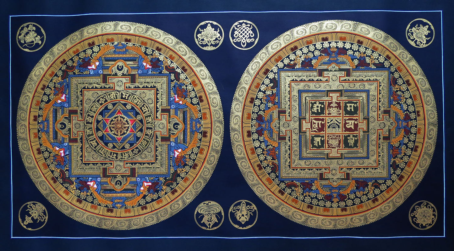 Buddhism Tibetan 8 Auspicious Lucky Sign Om Mantra Ritual Mandala Hand Painting Thangka