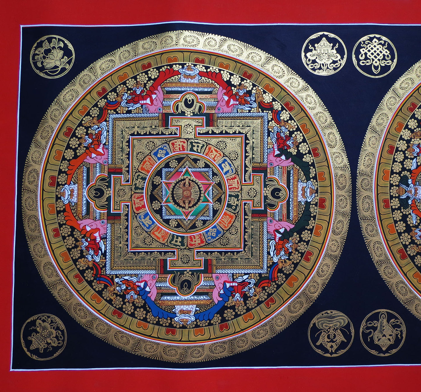 Buddhism Tibetan Om Mantra 8 Auspicious Lucky Sign Ritual Mandala Hand Painting Thangka Double Thangka