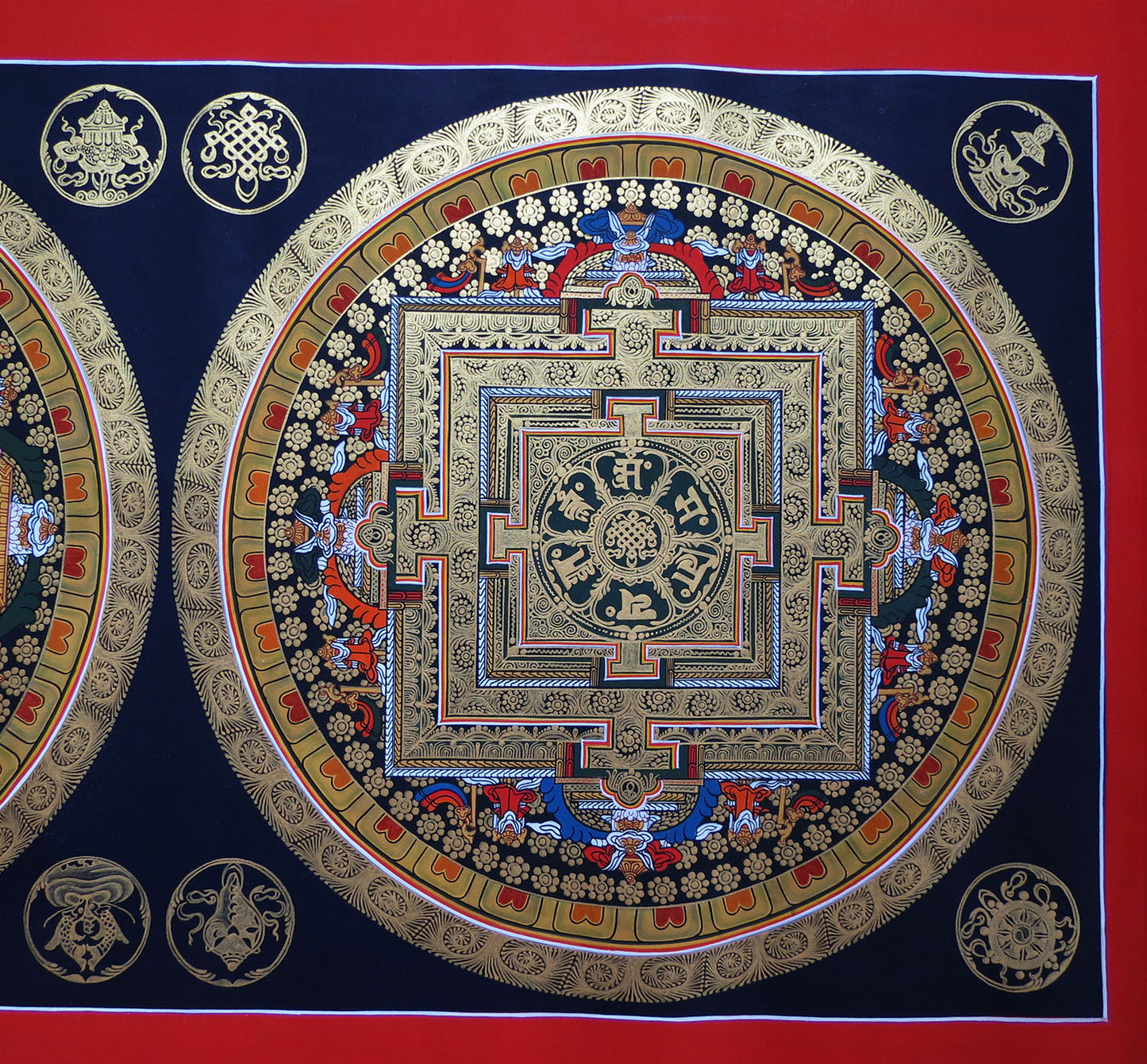 Buddhism Tibetan Om Mantra 8 Auspicious Lucky Sign Ritual Mandala Hand Painting Thangka Double Thangka