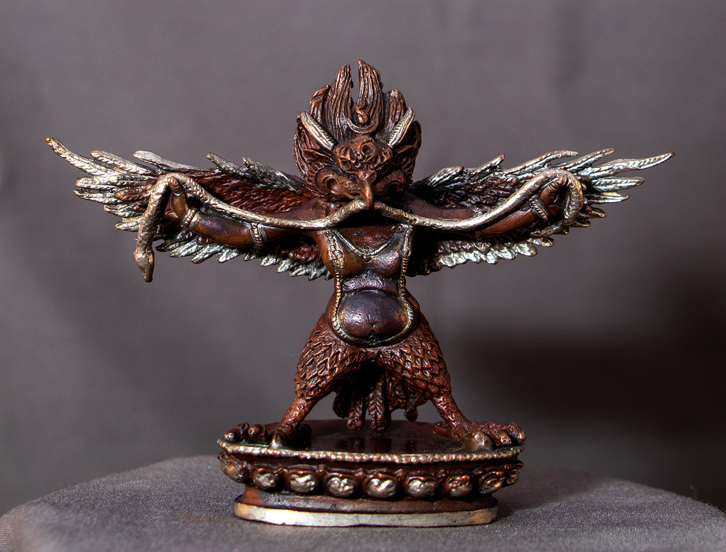 Hinduism Buddhism Copper Oxide Silver Plated Garuda Bantej Eagle Statue Figure Nepal