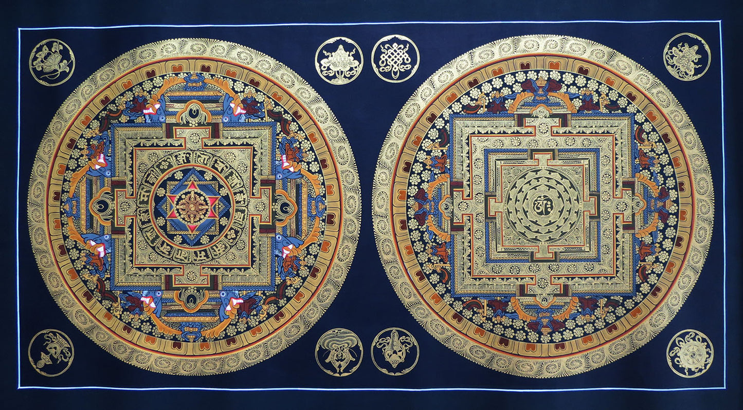 Tibetan Buddhism Om Mantra 8 Auspicious Lucky Sign Ritual Mandala Hand Painting Thangka Double Thangka Black