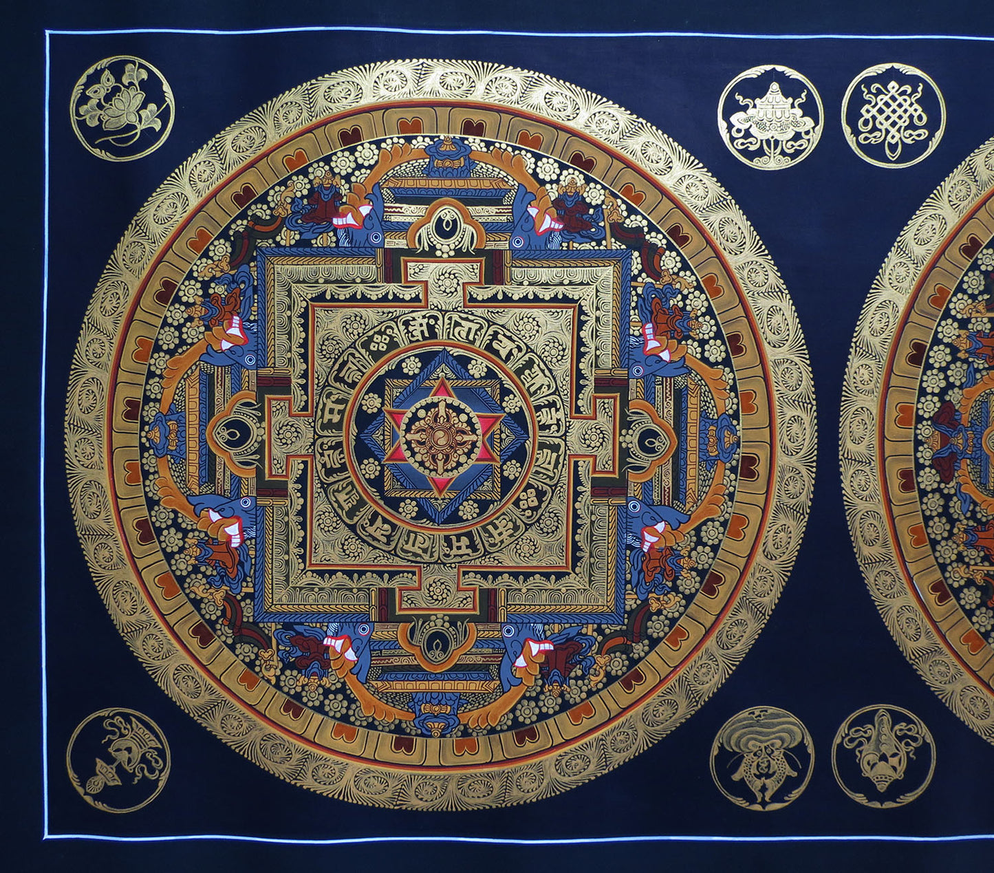 Tibetan Buddhism Om Mantra 8 Auspicious Lucky Sign Ritual Mandala Hand Painting Thangka Double Thangka Black