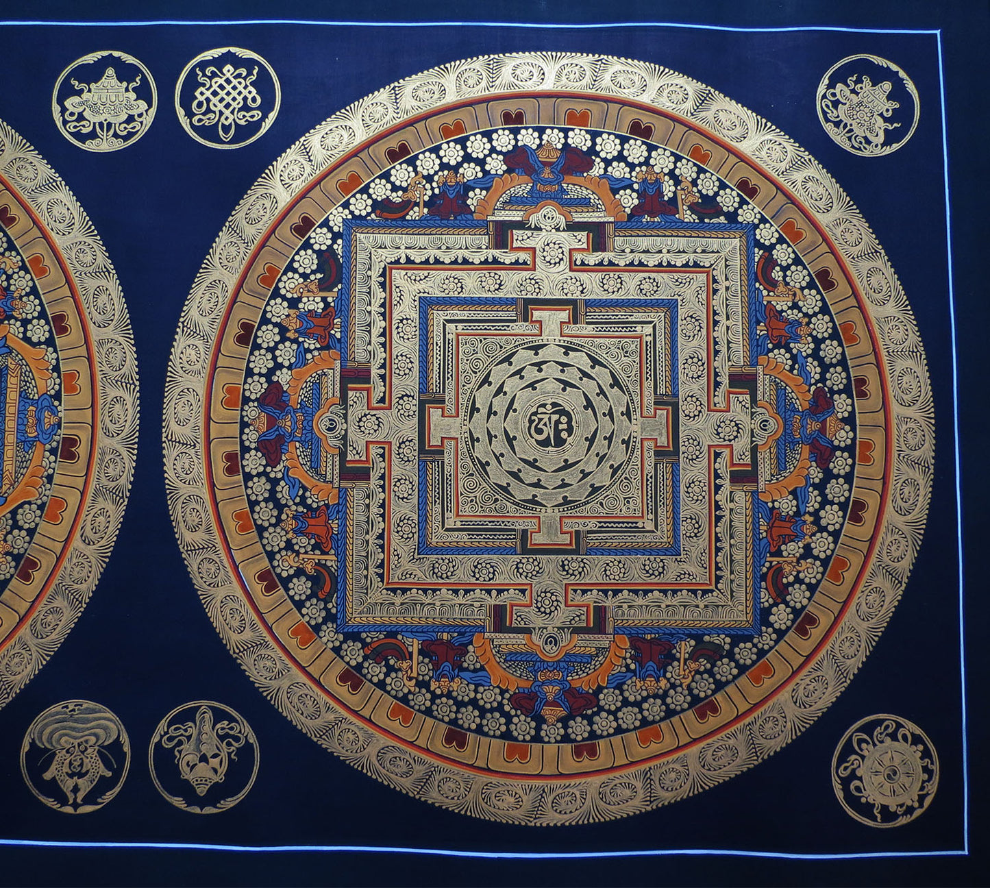 Tibetan Buddhism Om Mantra 8 Auspicious Lucky Sign Ritual Mandala Hand Painting Thangka Double Thangka Black