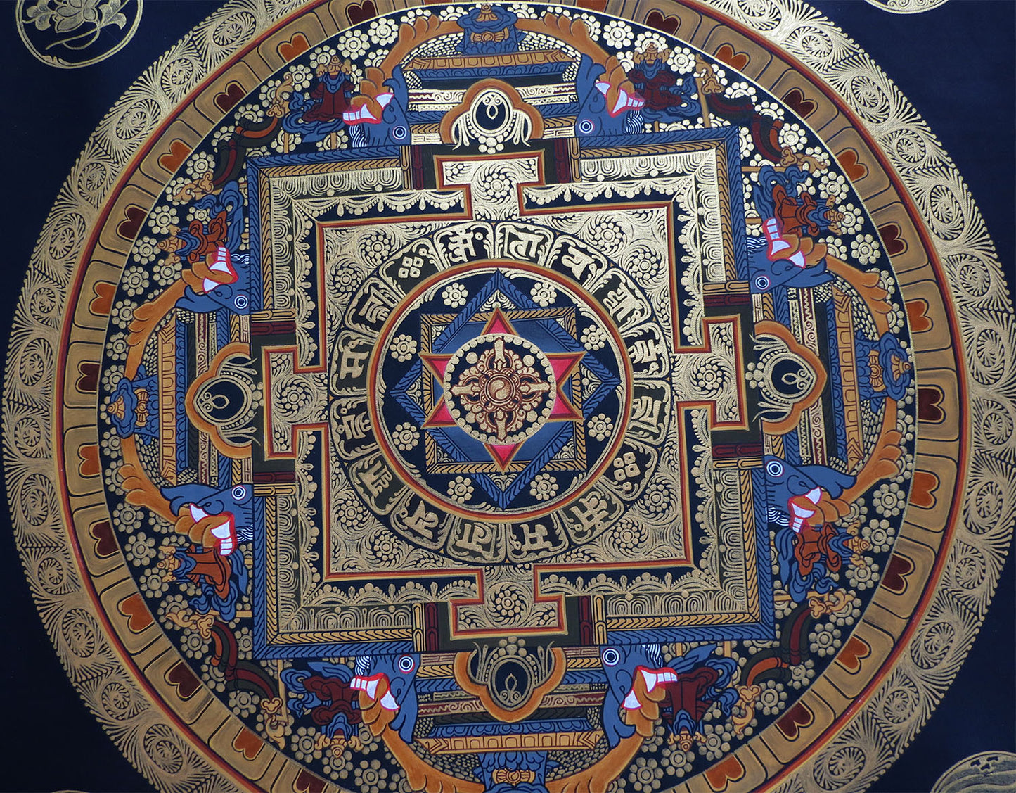 Tibetan Buddhism Om Mantra 8 Auspicious Lucky Sign Ritual Mandala Hand Painting Thangka Double Thangka Black