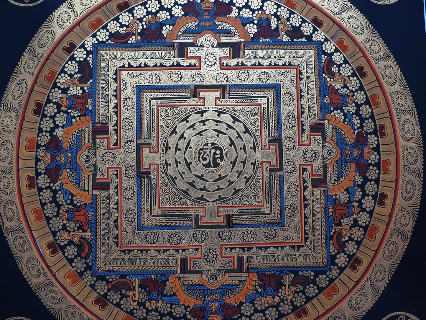 Tibetan Buddhism Om Mantra 8 Auspicious Lucky Sign Ritual Mandala Hand Painting Thangka Double Thangka Black