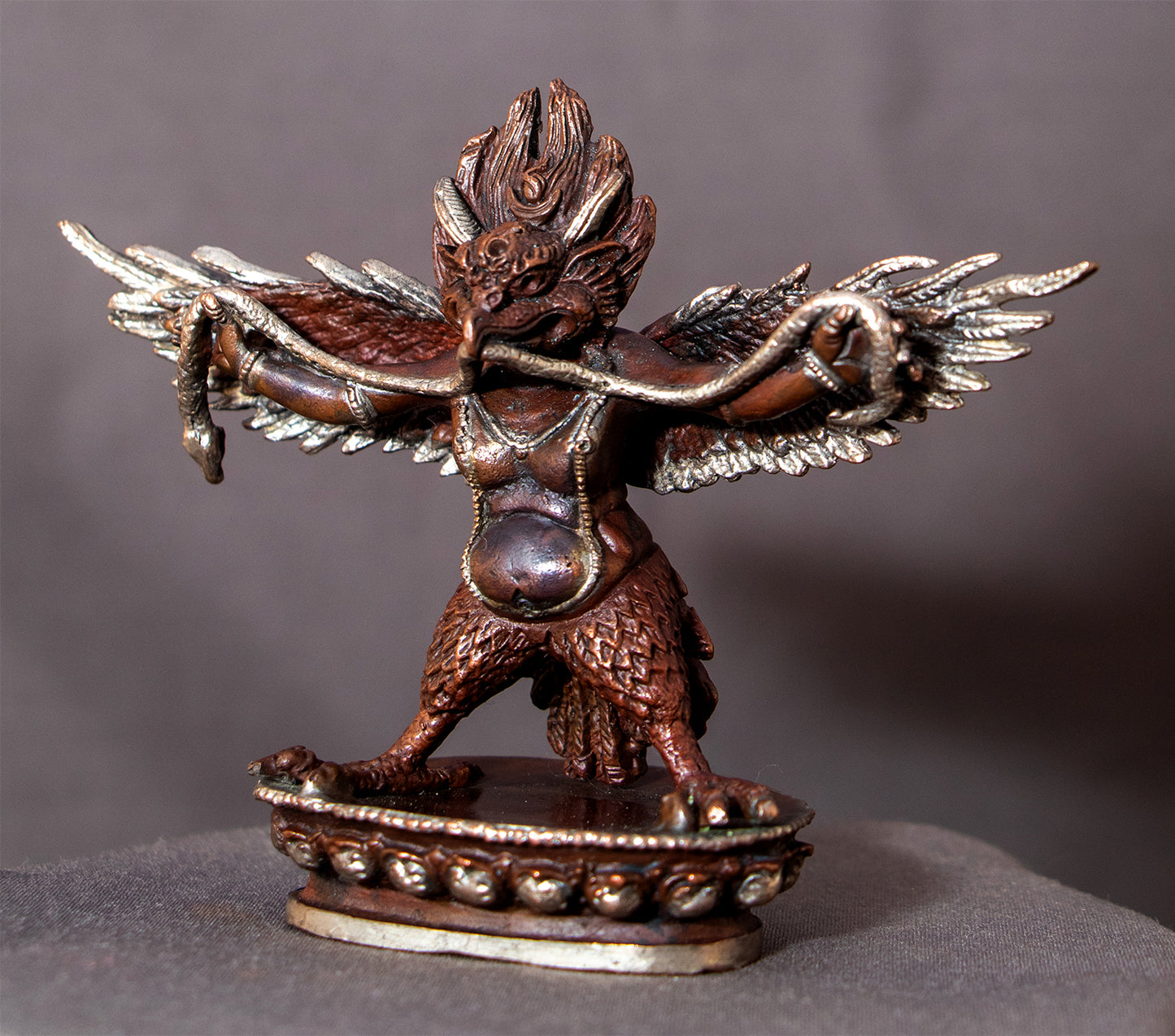Hinduism Buddhism Copper Oxide Silver Plated Garuda Bantej Eagle Statue Figure Nepal