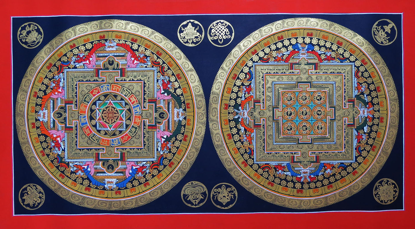 Tibetan Buddhism Om Mantra Ritual 8 Auspicious Lucky Sign Ritual Mandala Hand Painting Thangka Double Thangka