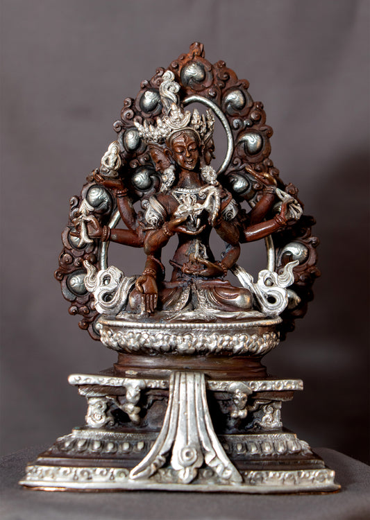 Buddhism Goddess Namgyalma Ushnishavijaya Silver Plated Oxide Copper Statue Figure Nepal