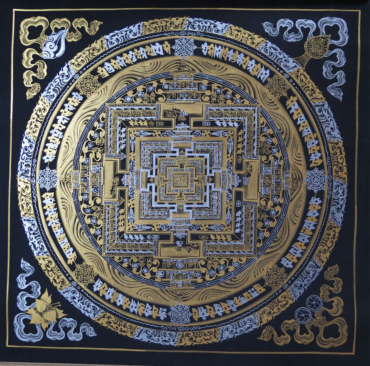 Tibetan Buddhism Ritual Kalachakra Mandala Tantra Thangka Gold & Silver Color Hand Painting Art Black free