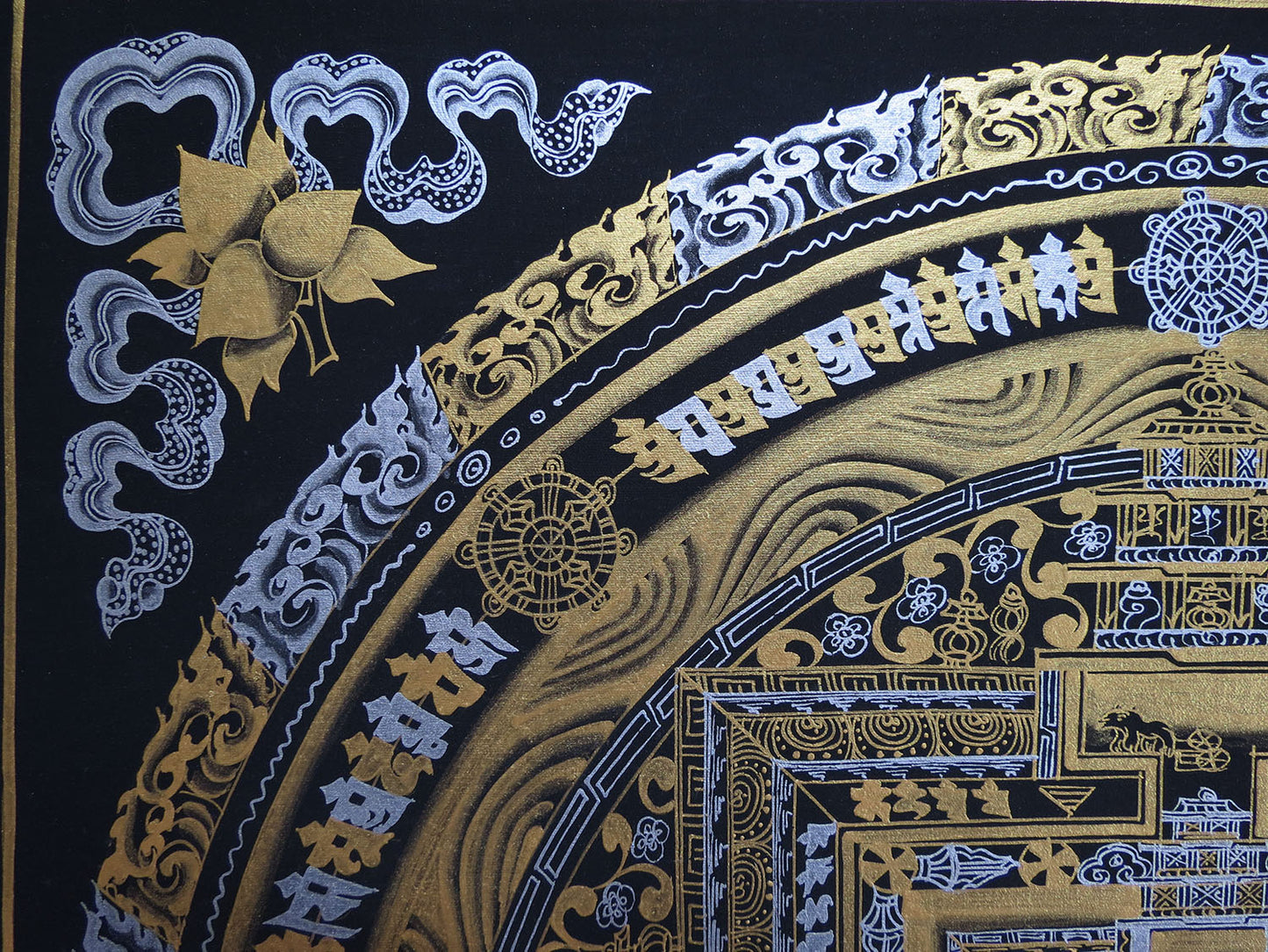 Tibetan Buddhism Ritual Kalachakra Mandala Tantra Thangka Gold & Silver Color Hand Painting Art Black free
