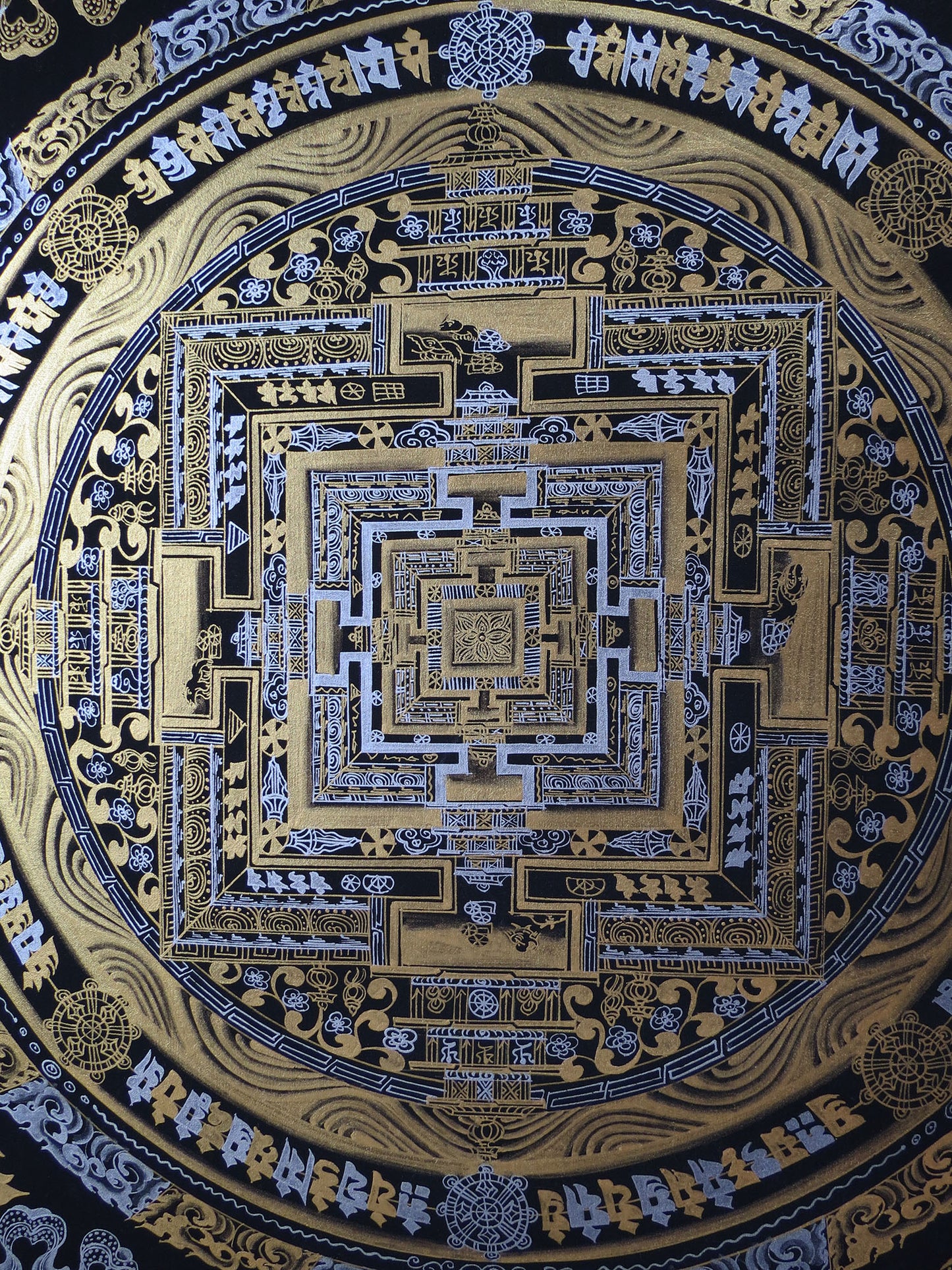 Tibetan Buddhism Ritual Kalachakra Mandala Tantra Thangka Gold & Silver Color Hand Painting Art Black free