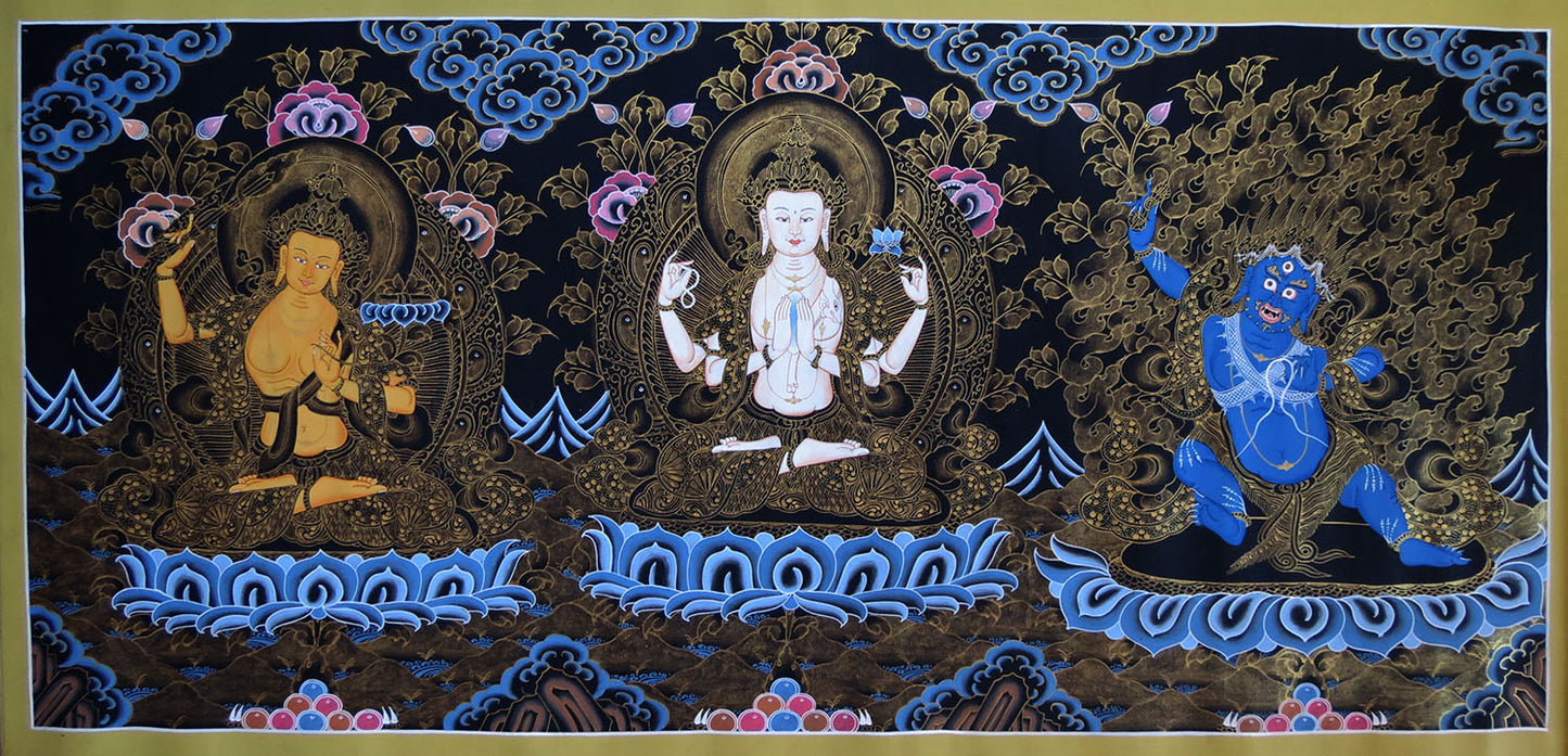 Tibetan Buddhism Boddhisattva Lord Manjushri Chenrezig Vajrapani 3 in 1 Lama hand Painting Thangka free