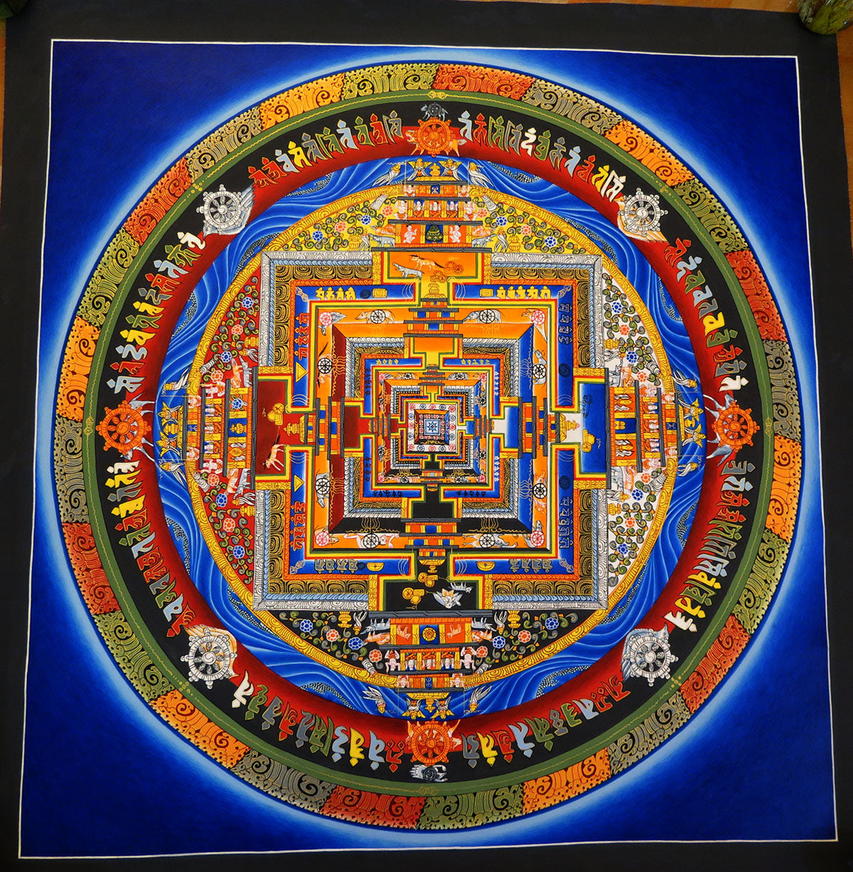 Tibetan Buddhism Ritual Kalachakra Mandala Kalachakra Tantra Hand Painting 26 cm Thangka Art free Light Navy