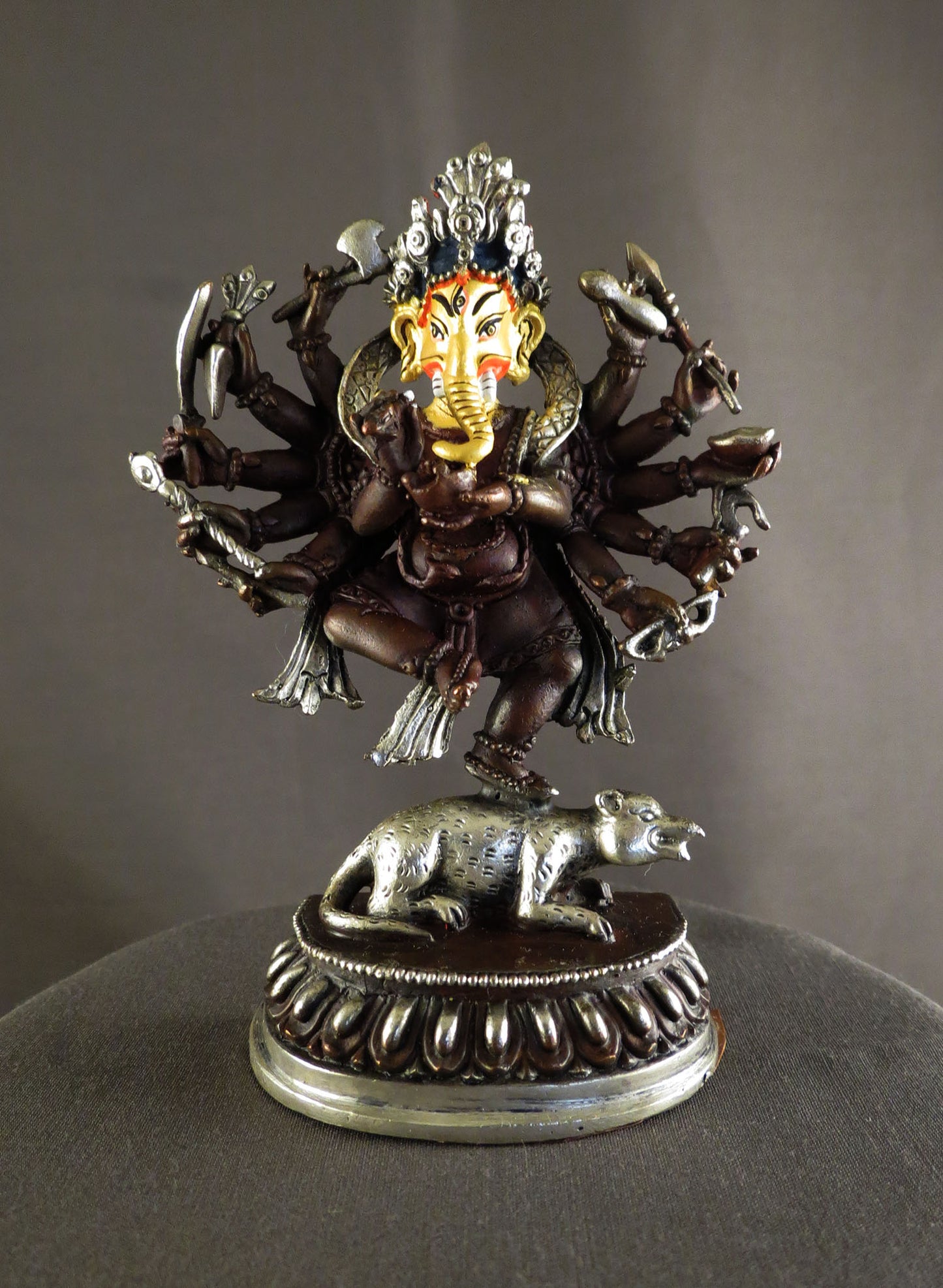 12 Hands Dancing Gold Face Hand Painting Lord Ganesha Copper Plated Statue Figure free