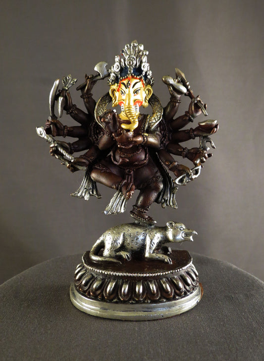 12 Hands Dancing Gold Face Hand Painting Lord Ganesha Copper Plated Statue Sculpture Figure free