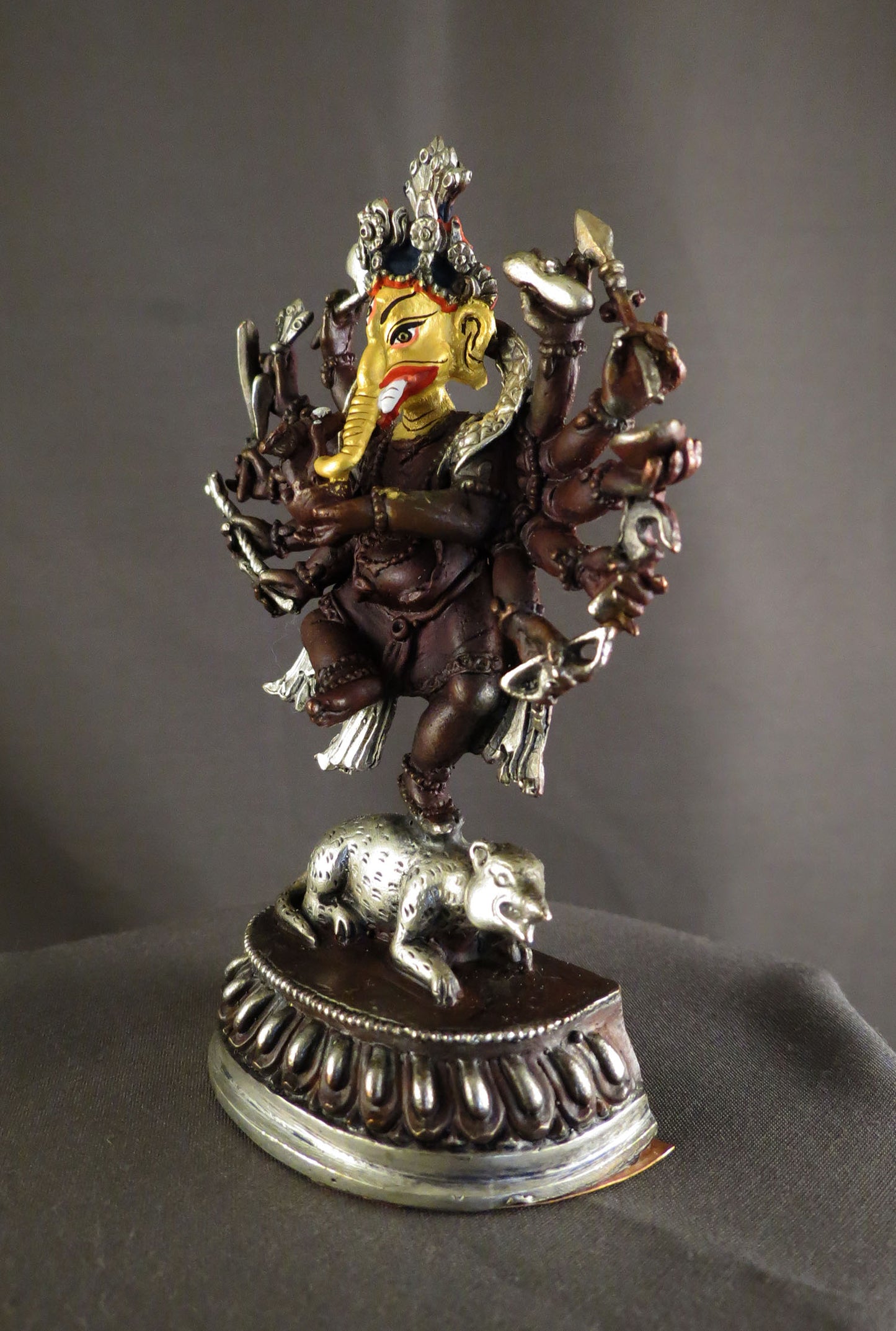 12 Hands Dancing Gold Face Hand Painting Lord Ganesha Copper Plated Statue Figure free