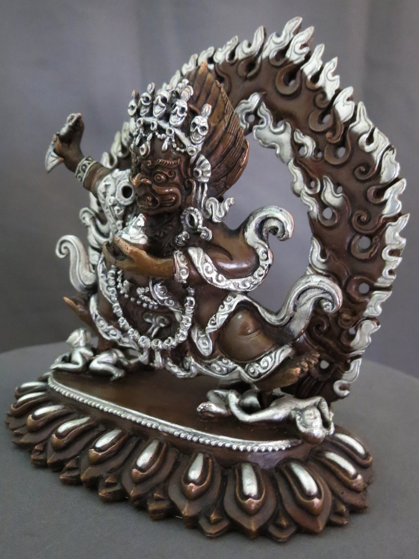 Kajupa Mahakala Statue: Tibetan Buddhist Wrathful Deity, Silver Oxide Copper Sculpture Nepal free