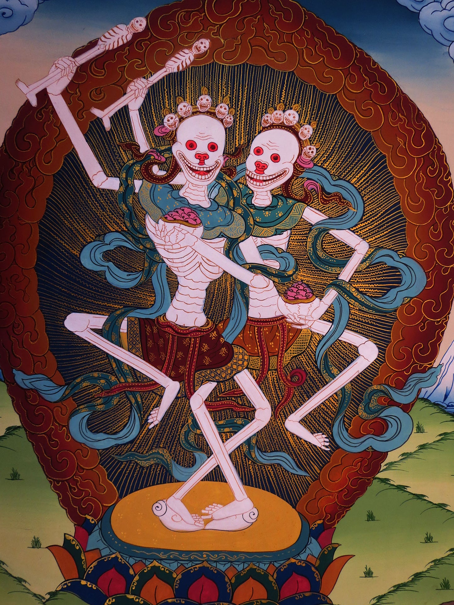 Tibetan Buddhism Scary Wrathful Protecter Deities Chitipati Citipati Two Skeleton Painting Thangka Art Nepal free
