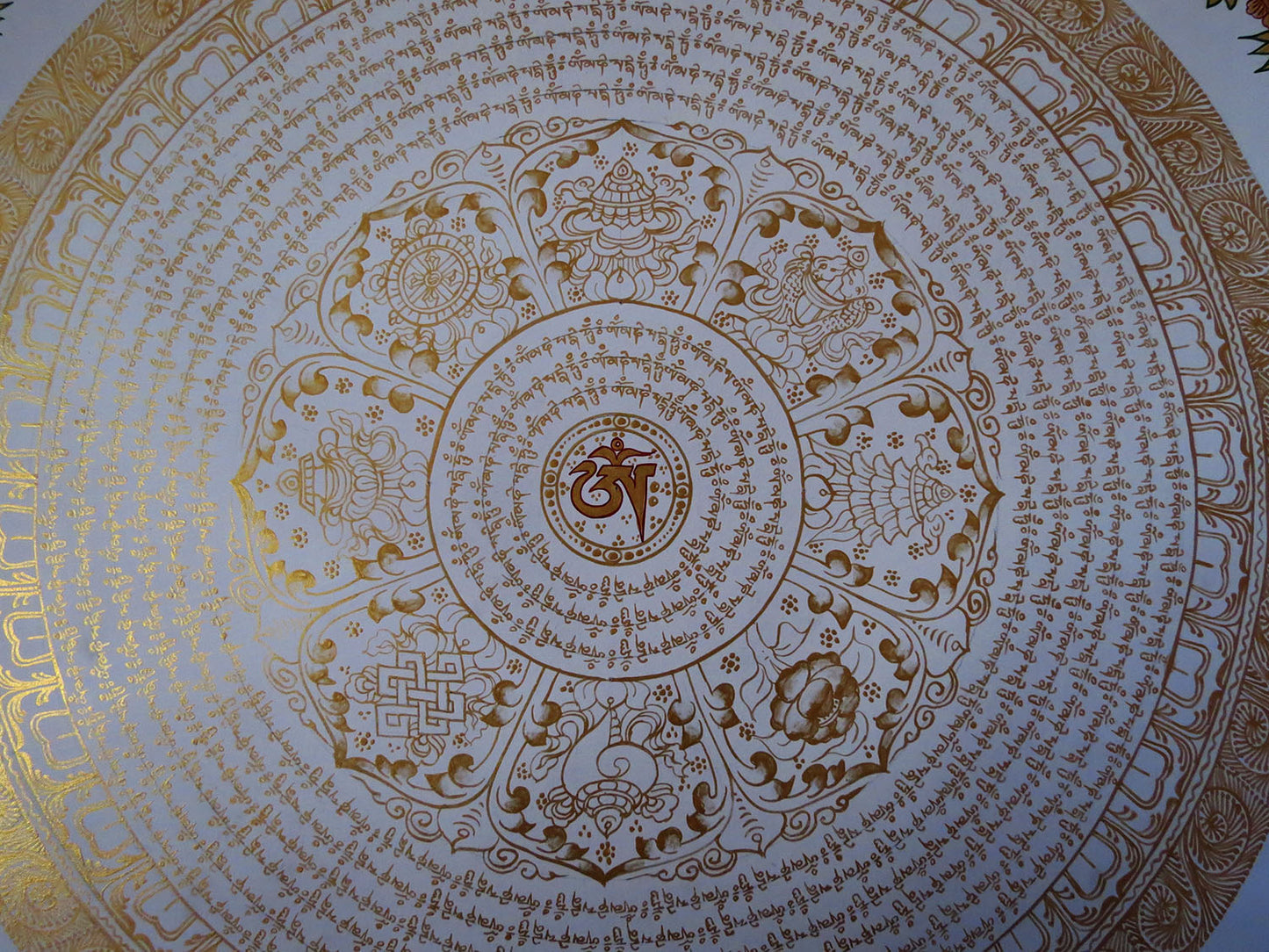 Tibetan Buddhism Om Mani Padme Hum Mantra Mandala with 8 Auspicious Ritual Sign Handwritten Painting Thangka Art Nepal free