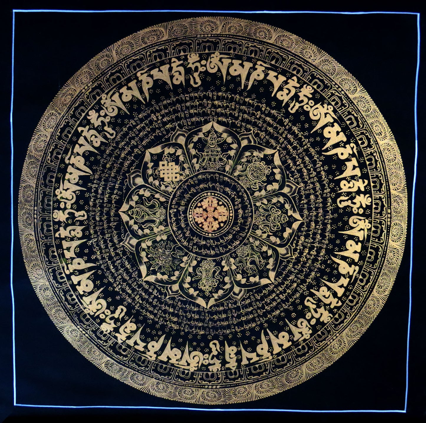 Tibetan Buddhism Ritual Vishwa Vajra/Dorje Om Mani Padme Hum Mantra Mandala with 8 Auspicious Lucky Sign Handwritten Painting Thangka Art Nepal free