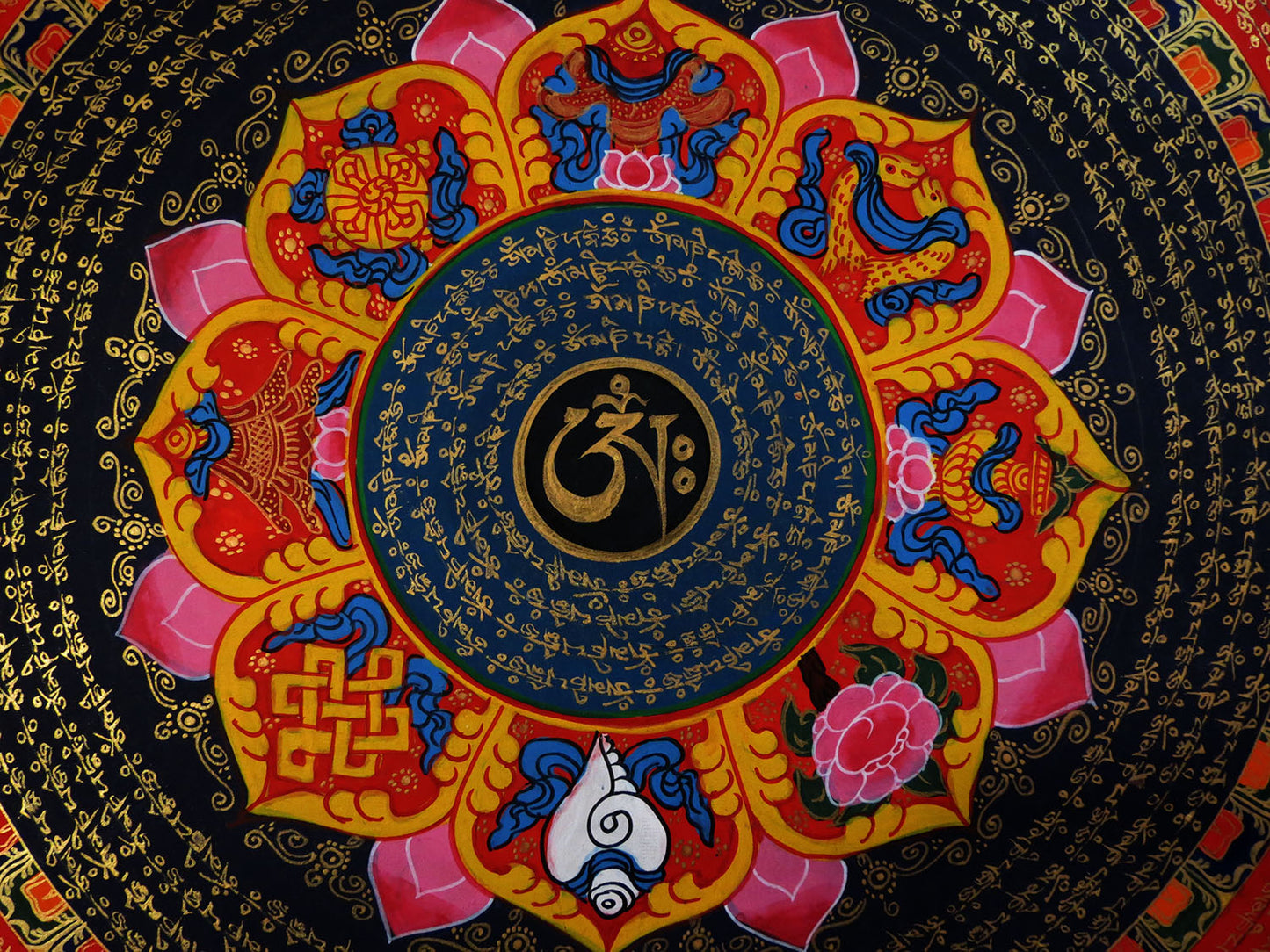 Tibetan Buddhism Om Mani Padme Hum Mantra Mandala 8 Auspicious Lucky Sign Lama Handwritten Painting Thangka Art Nepal free