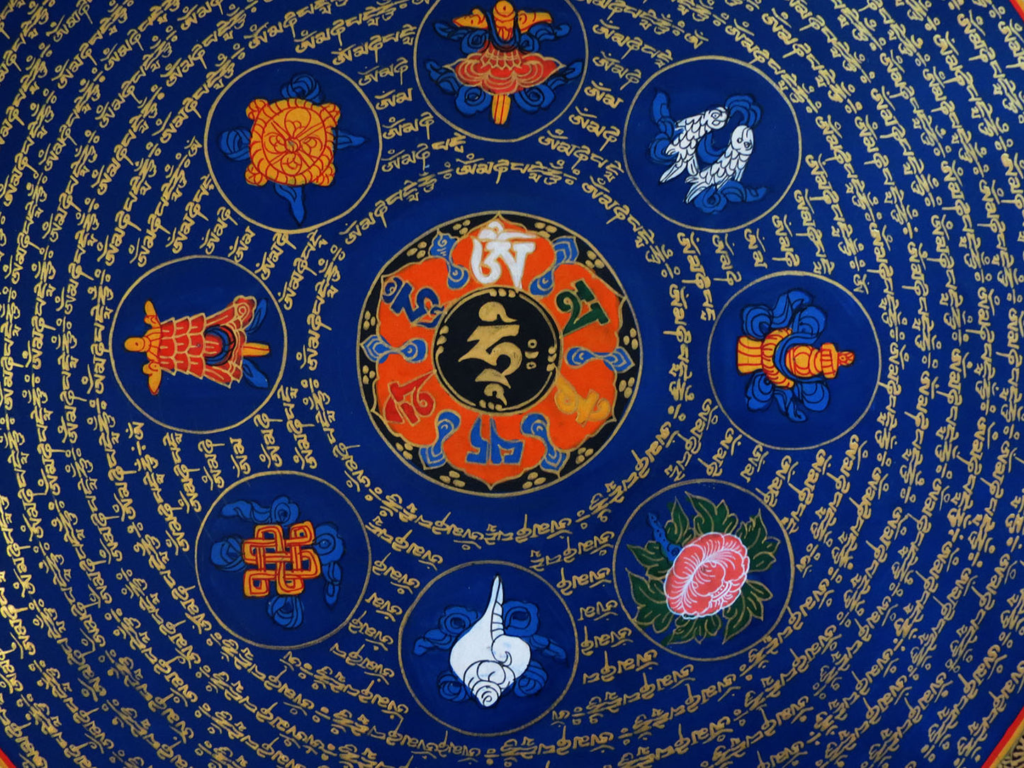 Tibetan Buddhism Om Mani Padme Hum Mantra Mandala Ritual 8 Auspicious Lucky Sign Lama Handwritten Painting Thangka Nepal free