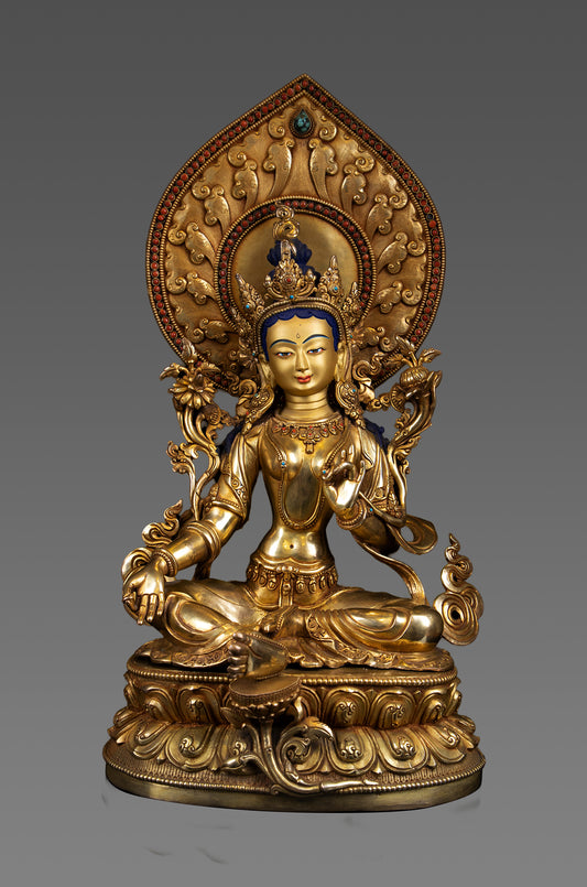 Buddhism Tibetan Goddess Green Tara Rupa 24K Gold Plated Copper Statue Sculpture Nepal free
