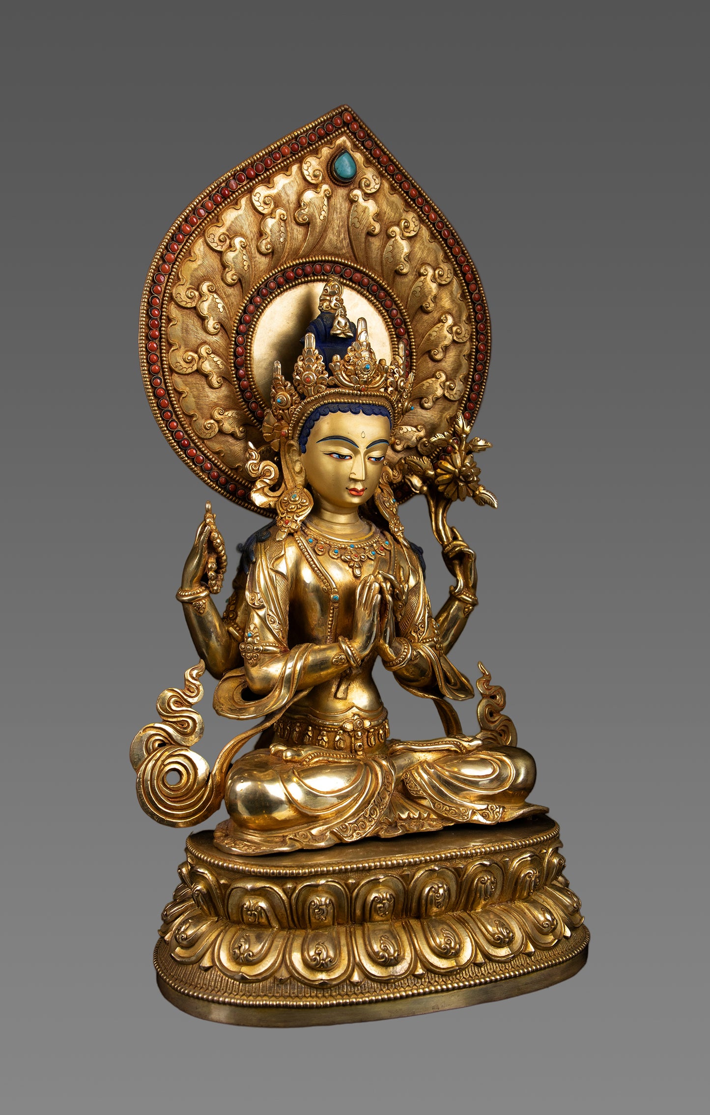 24KGold Face Tibetan Buddhism Lord Chenrezig Khacheri Gold Plated Copper Statue Sculpture Nepal free