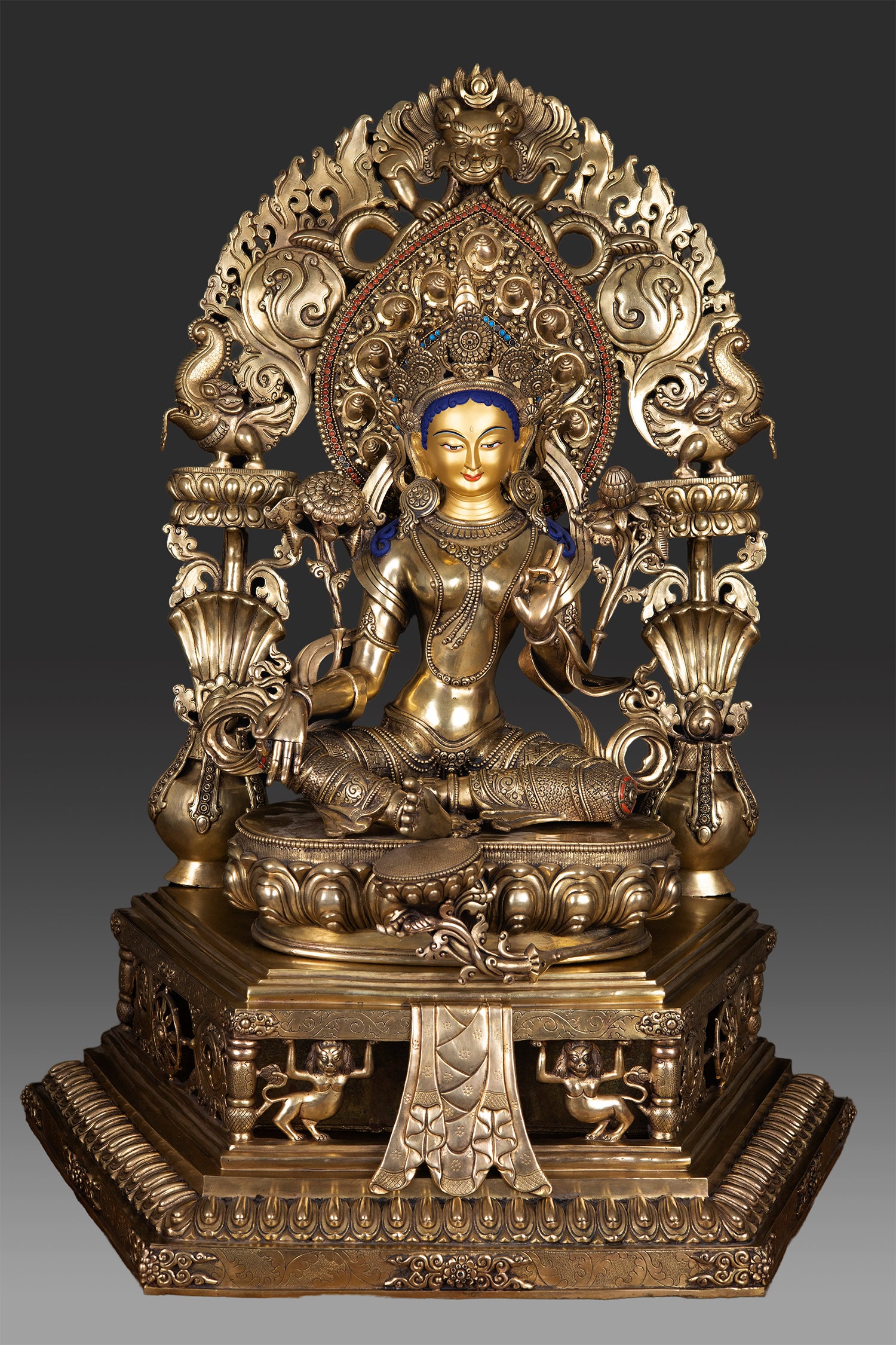 24K Gold Tibetan Buddhism Goddess Green Tara Rupa with Frame  - Front View - 1500 × 2250 -Shop Online at Best Price