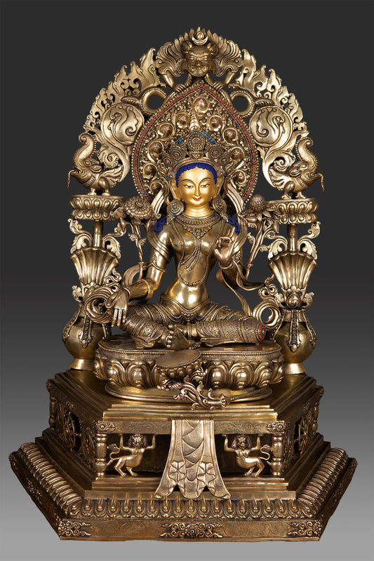 24K Gold Tibetan Buddhism Goddess Green Tara Rupa with Frame  - Front View - 1500 × 2250 -Shop Online at Best Price