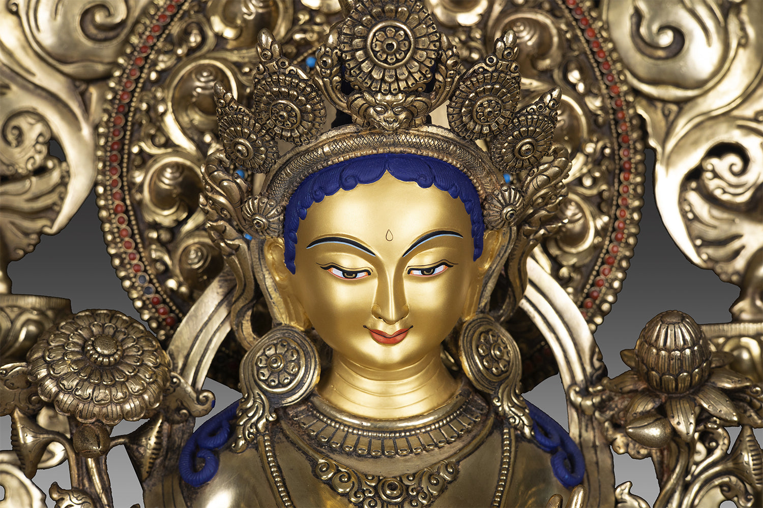 24K Gold Tibetan Buddhism Goddess Green Tara Rupa with Frame  - Front View Zoomed Face Focused - 1500 × 1000-Shop Online at Best Price