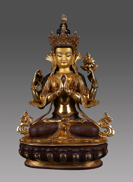 Tibetan Buddhism Lord Chenrezig Khacheri 24K Gold Face Copper Oxide Statue Sculpture Nepal free