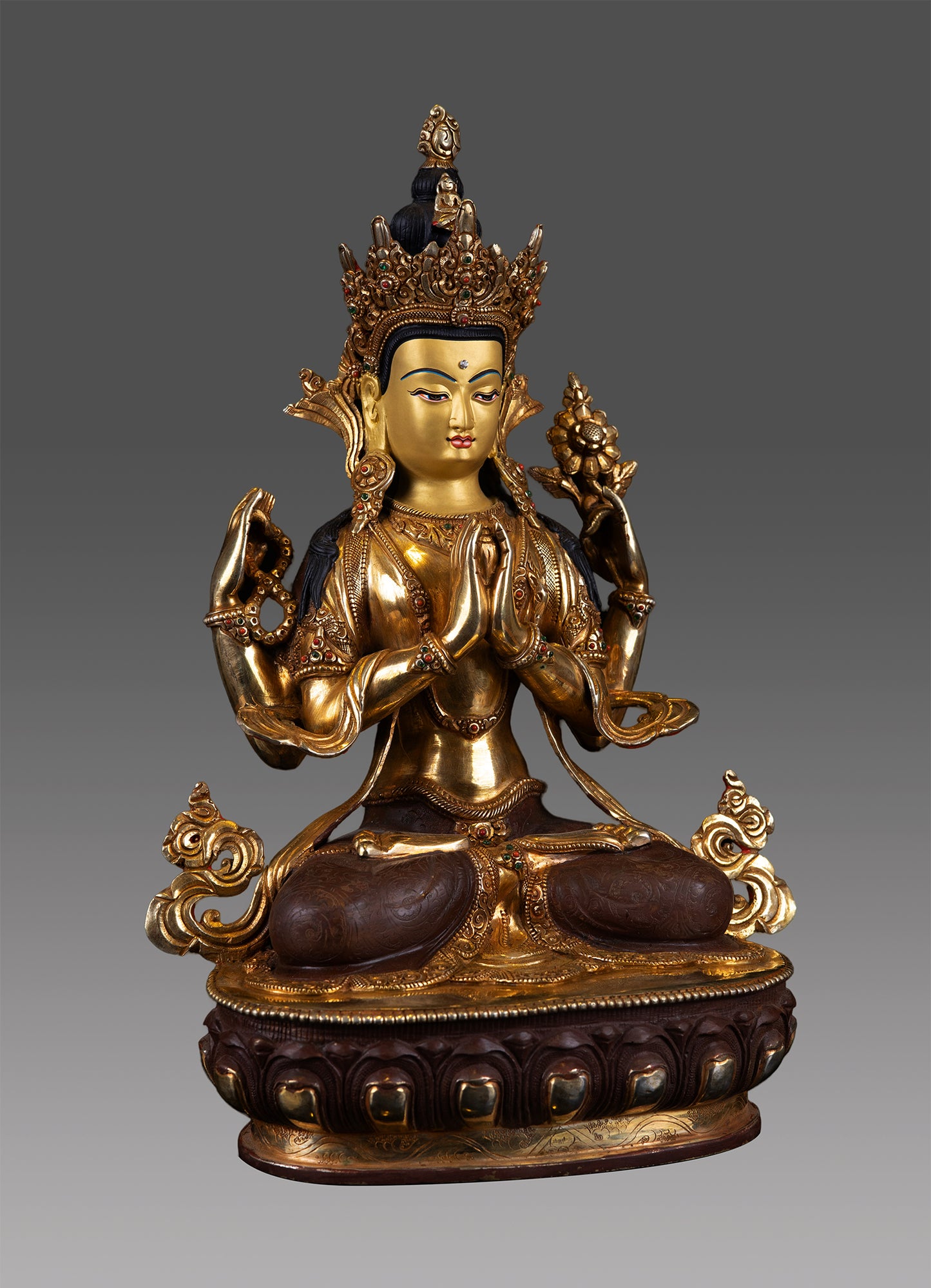 Tibetan Buddhism Lord Chenrezig Khacheri 24K Gold Face Copper Oxide Statue Sculpture Nepal free