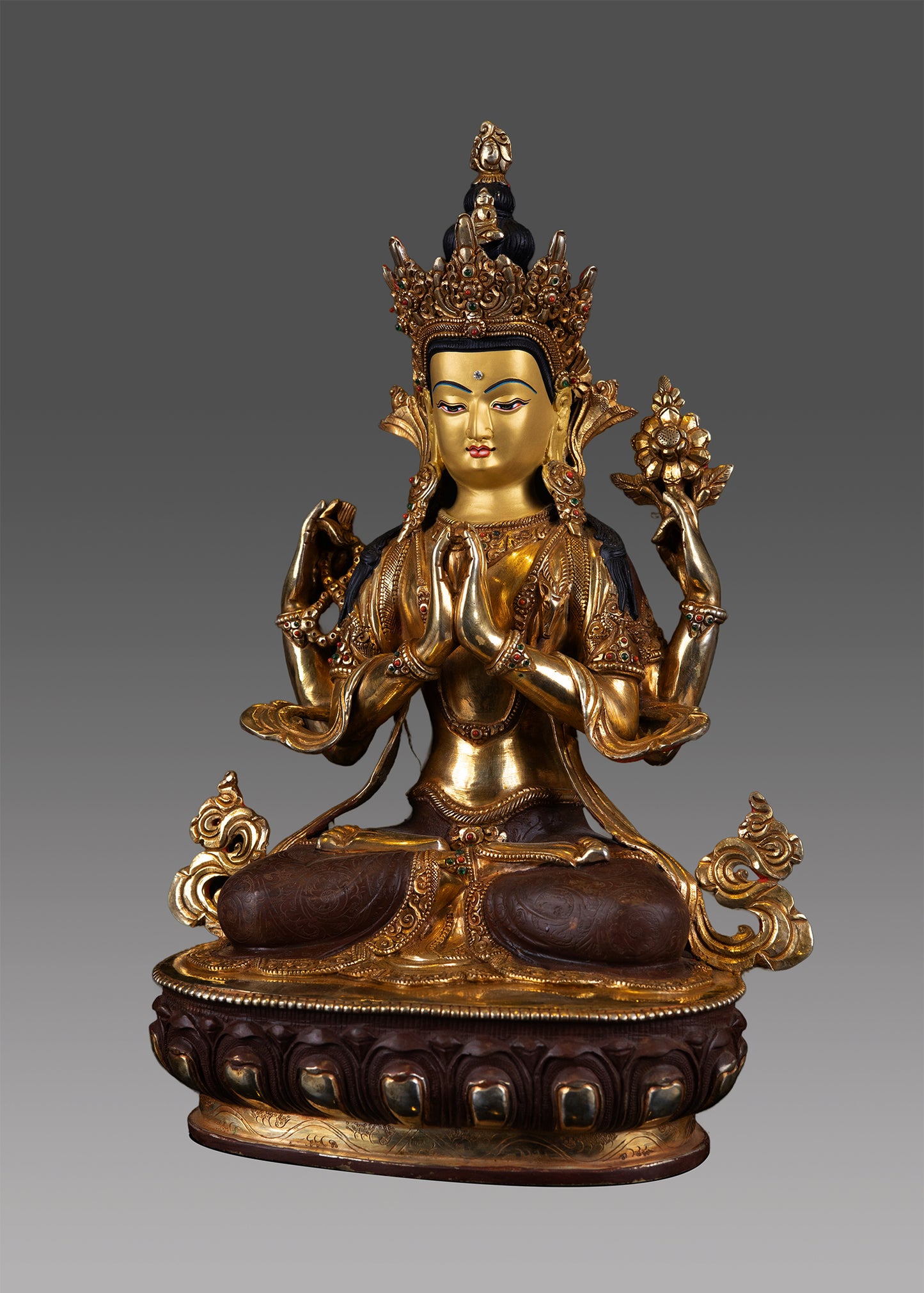 Tibetan Buddhism Lord Chenrezig Khacheri 24K Gold Face Copper Oxide Statue Sculpture Nepal free