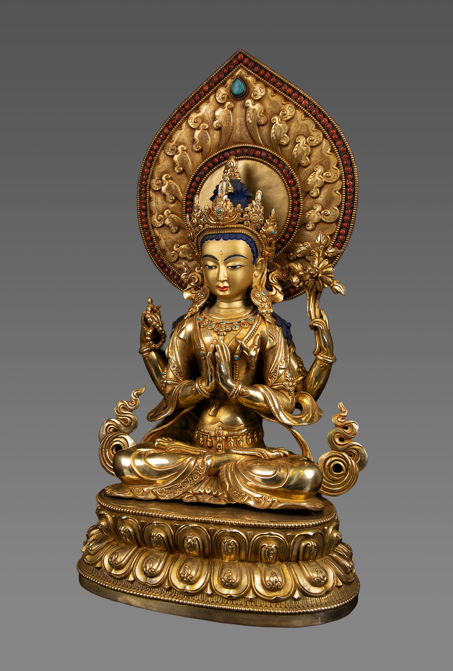 24KGold Face Tibetan Buddhism Lord Chenrezig Khacheri Gold Plated Copper Statue Sculpture Nepal free
