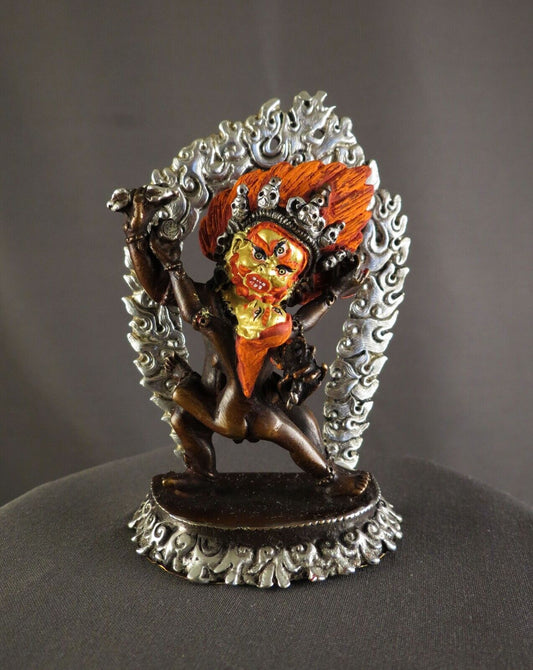 Gold Face Buddhism Protector God Vajrapani with Consort Copper Oxide Statue Sculpture Figure Nepal