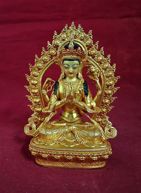 Tibetan Buddhism Goddess Chenrezig Khacheri Gold Face Paint Copper Gold Plated Statue Sculpture Figure Nepal