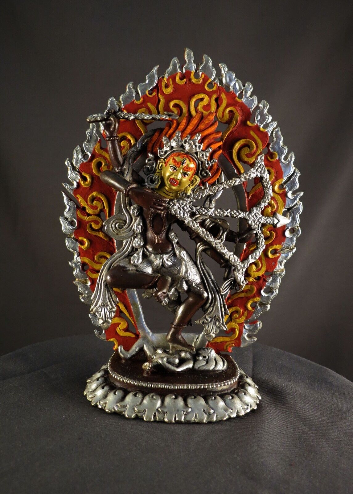 Tibetan Buddhism Gold Face Goddess Kurukulla Dakini Jogini Silver Oxide 6.2" Copper Figure Statue Sculpture Nepal