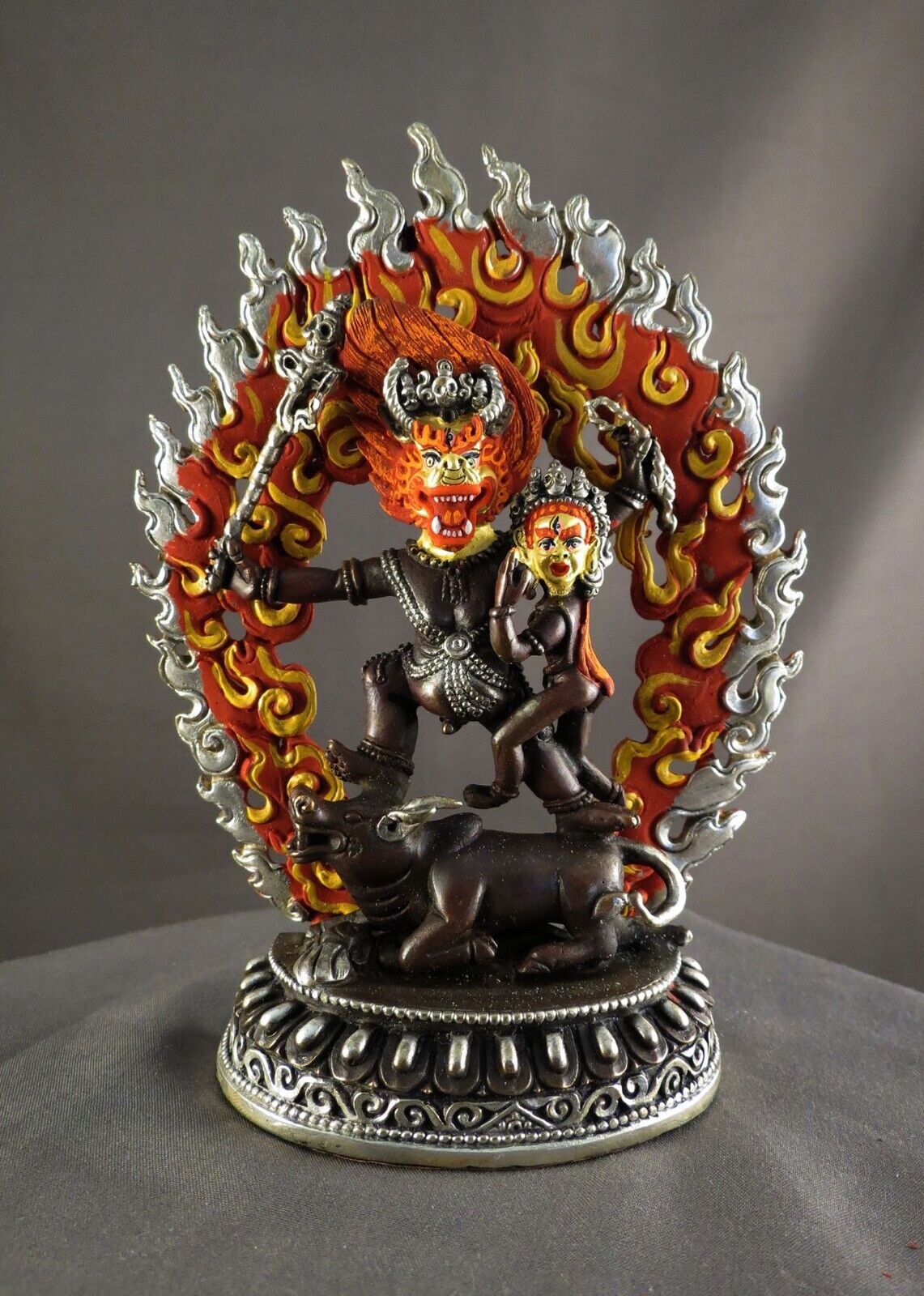 Tibetan Buddhism Gold Face Wrathful God Yaman Taka with Consort Copper Silver Oxide Sculpture Figure Statue Nepal