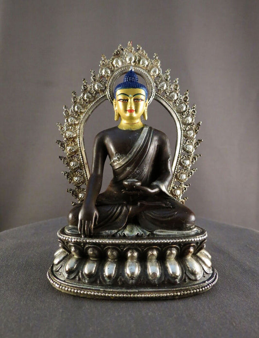 Lord Akshobhya Buddha Gold Face Hand Paint Silver Oxide Copper Statue Sculpture Figure Nepal