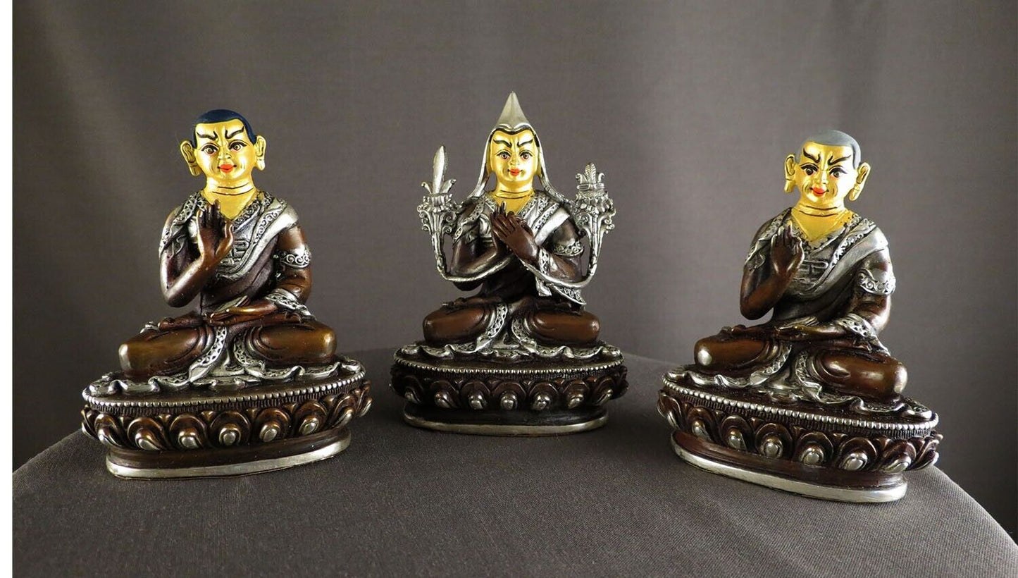 Tibetan Buddhism Gold Face Set of Tsongkhapa Silver Plated Oxide Copper Statue Sculpture Figure Nepal