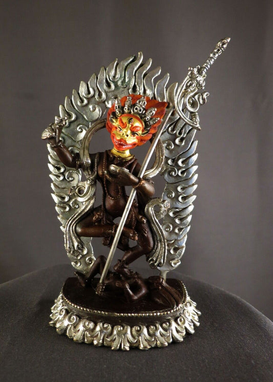 Tibetan Buddhism Gold Face Singha Mukha Dakini Yogini Silver Oxide Copper Statue Sculpture Figure Nepal