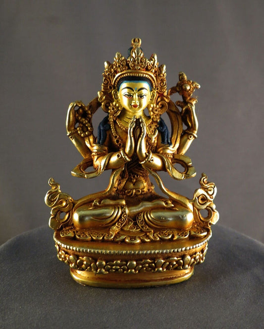 Tibetan Buddhism Gold Face Hand Paint Lord Chenrezig Khacheri Copper Gold Plated Statue Sculpture Figure Nepal