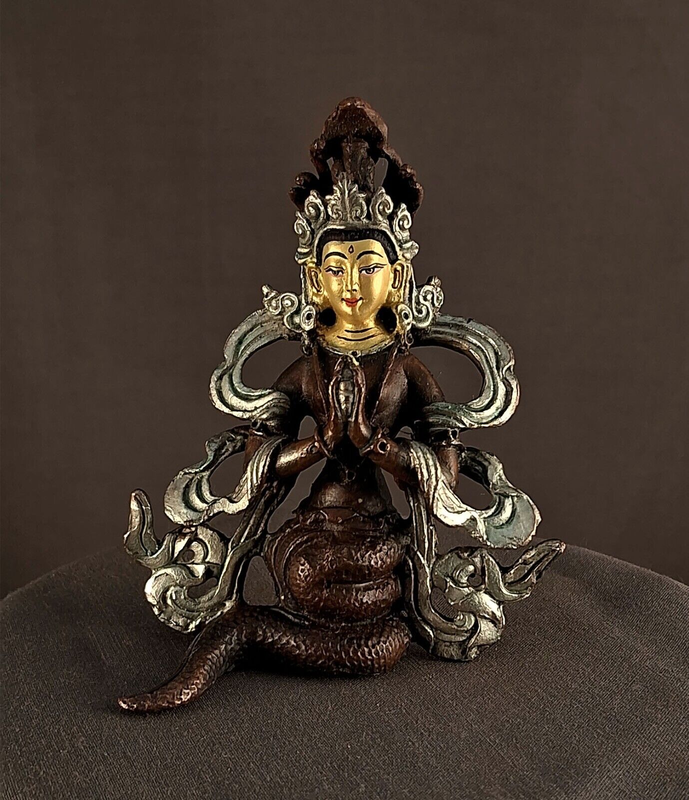 Tibetan Buddhism Snake Gold Face Goddess Naga kanya Copper Statue Sculpture Figure Nepal