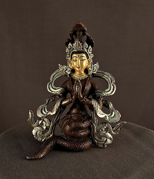 Tibetan Buddhism Snake Gold Face Goddess Naga kanya Copper Statue Sculpture Figure Nepal