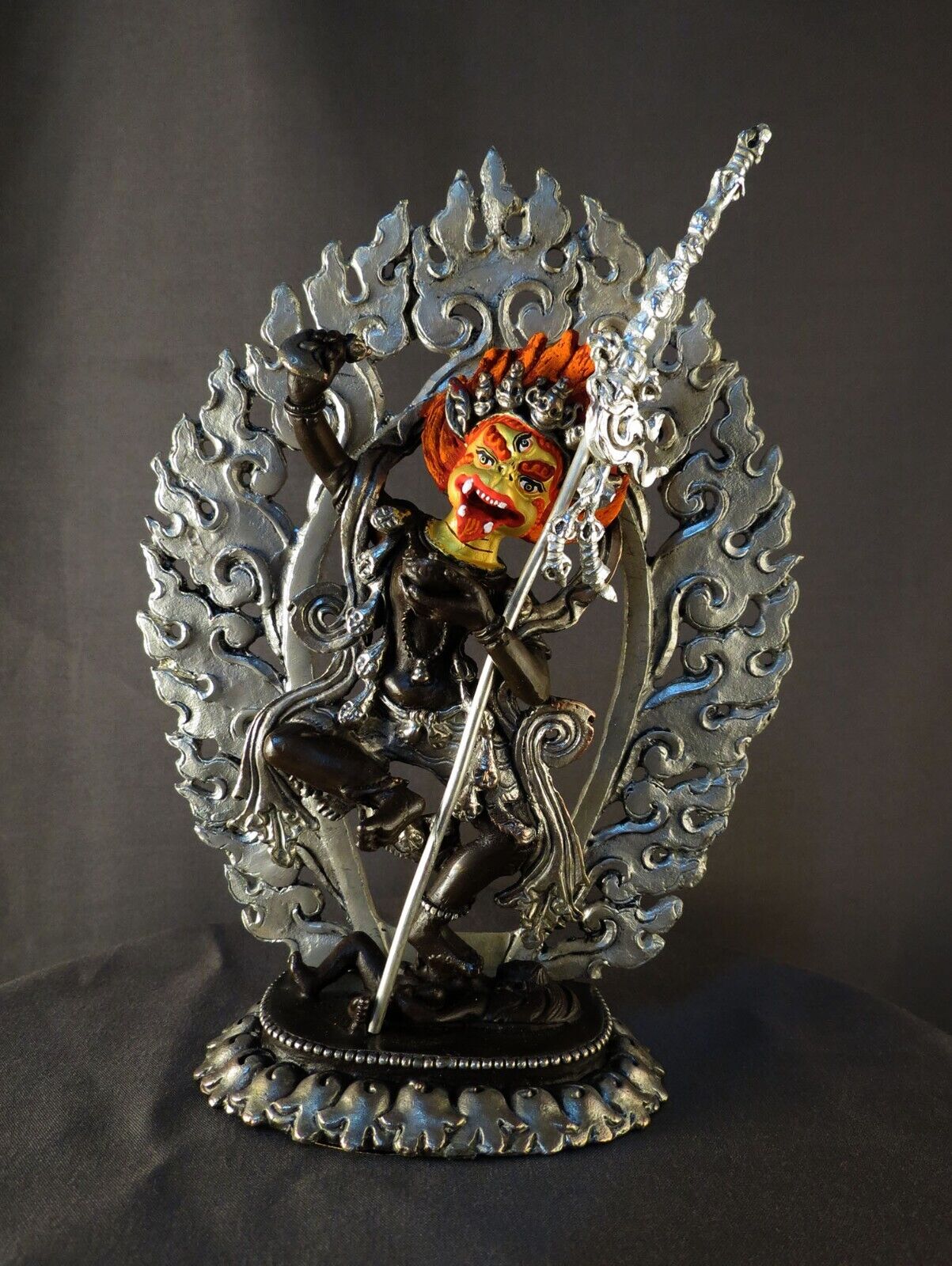 Tibetan Buddhism Gold Face Singha Mukha Dakini Yogini Silver Oxide Copper Statue Sculpture Figure Nepal