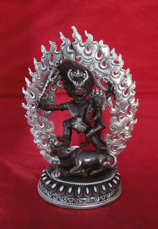 Tibetan Buddhism Wrathful Yamantaka with Consort Copper Oxide Silver Plated Statue Sculpture Figure Nepal