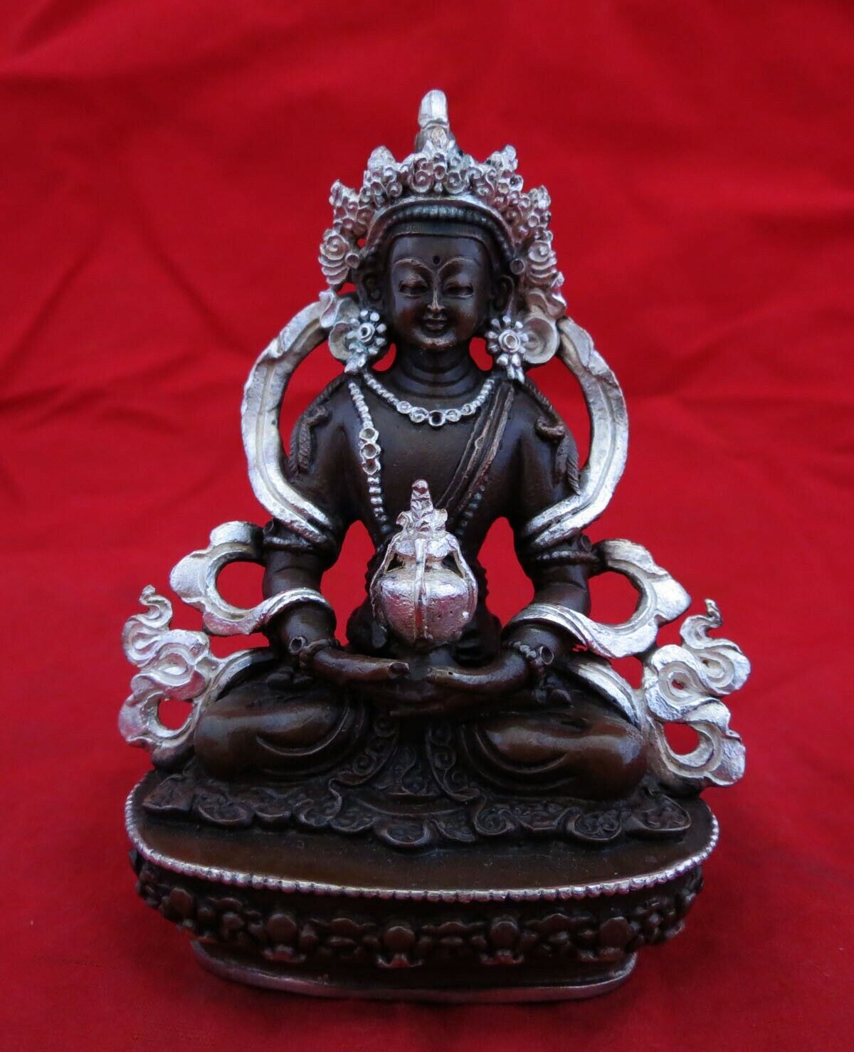 Tibetan Buddhism Lord Maitreya Aparmita Amitayus Copper Silver Oxide Statue Figure Nepal