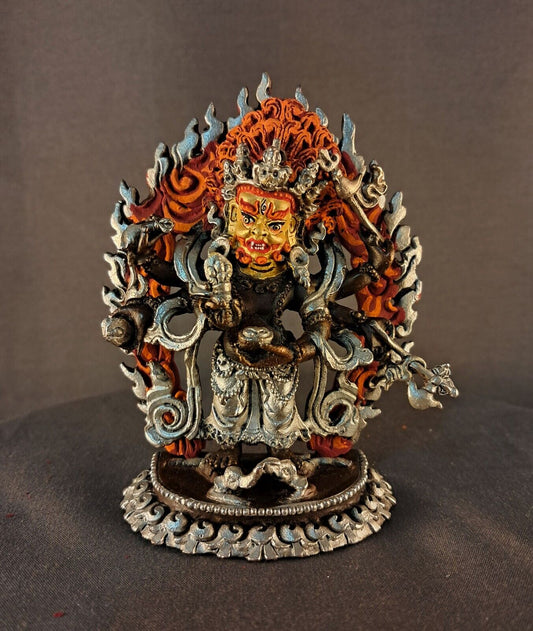 Tibetan Buddhism Gold Face Six hand White Mahakala Guru Dragpo Padma Sharvari Copper Statue Sculpture Figure Nepal